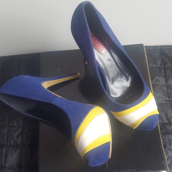 Herstar Yellow and Blue Sports Themed Platform Pump size 8 - Picture 3 of 4